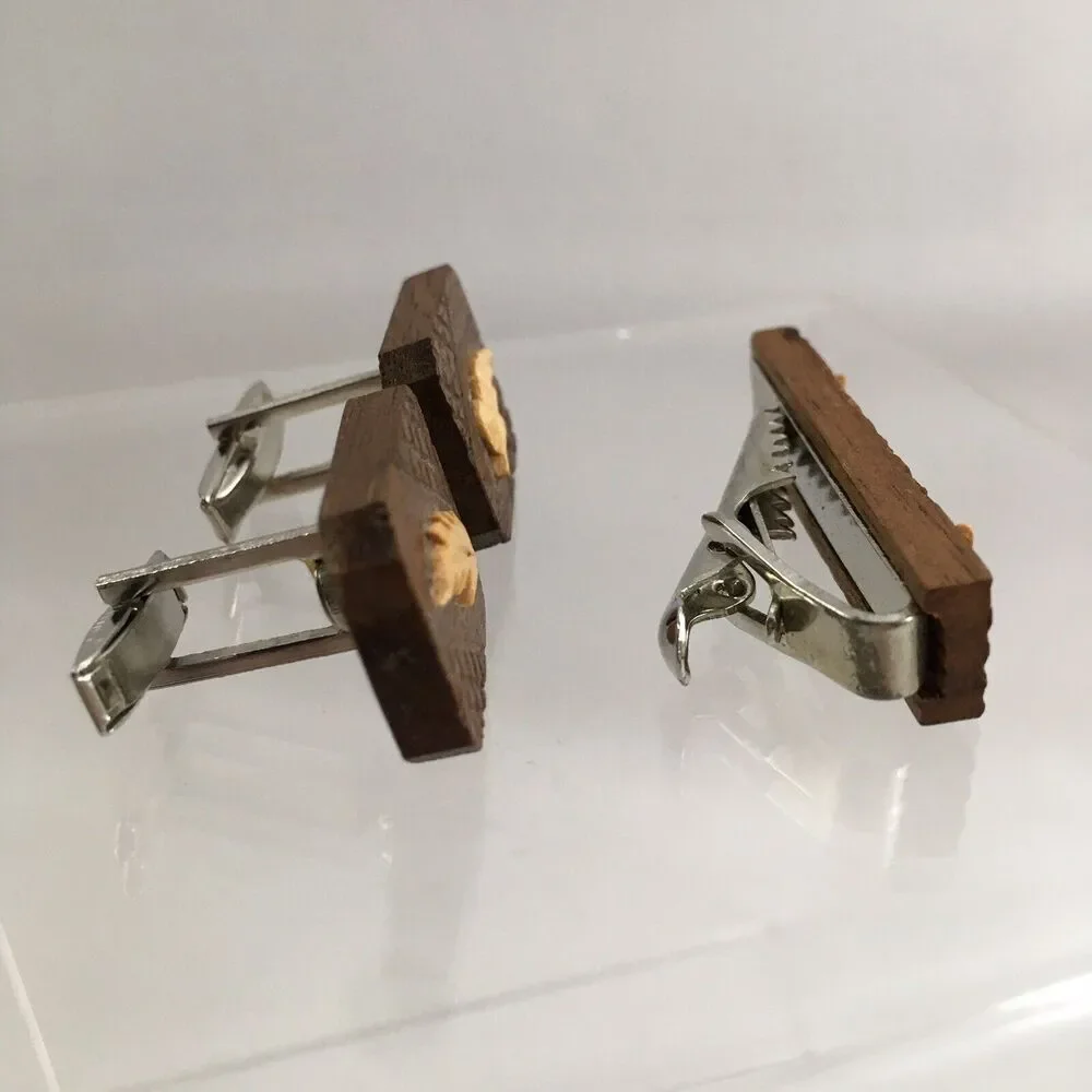 Vintage Etched Wood Leaf Cufflinks & Tie Clip Wooden Leaves Layered Modern H1